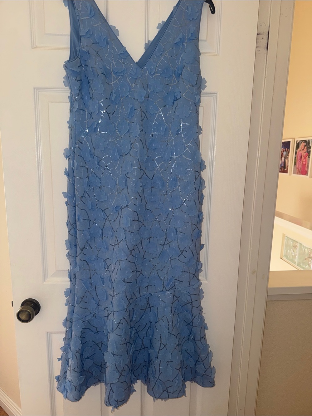 Eliza J Sky Blue V-Neck Floral Appliqué Cocktail Dress